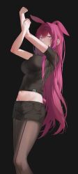 1girl absurdres animal_ears arknights arms_up black_background black_shirt black_shorts breasts brown_pantyhose covering_own_mouth crop_top highres incredibly_absurdres large_breasts long_hair looking_at_viewer midriff multicolored_hair navel pantyhose pink_hair purple_eyes rabbit_ears rabbit_girl rabbit_tail ray_(arknights) shirt short_shorts short_sleeves shorts simple_background solo stomach streaked_hair tail very_long_hair zapik