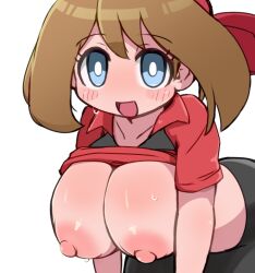 1girl bandana bike_shorts blue_eyes blush breasts brown_hair clothes_lift hanging_breasts huge_breasts may_(pokemon) miyazero nintendo nipples pokemon pokemon_rse shirt_lift smile solo sweat