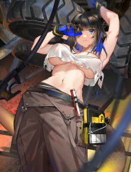 1girl ;( arknights armpits arms_up belt black_gloves black_hair blue_eyes blue_gloves blue_hair blunt_bangs breasts brown_pants closed_mouth cowboy_shot crop_top dirty dirty_face eunectes_(arknights) eunectes_(forgemaster)_(arknights) feihuanjiang from_below gloves highres large_breasts looking_at_viewer navel no_bra official_alternate_costume pants pointing short_hair snake_tail solo stomach sweat tail two-tone_gloves underboob wheel