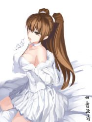 10s 1girl 463_jun bare_shoulders bed breasts brown_eyes brown_hair capelet dress elbow_gloves gloves jewelry kneeling large_breasts licking long_hair necklace off_shoulder ogiso_setsuna open_clothes open_vest penis solo_focus strapless strapless_dress tongue tongue_out two_side_up vest white_album_(series) white_album_2 white_dress white_gloves