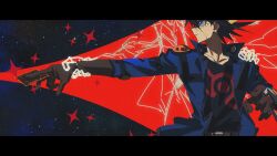 1boy black_border black_hair blue_eyes blue_jacket border brown_gloves card duel_disk elbow_gloves facial_mark facing_viewer fudo_yusei gloves hand_on_another&#039;s_arm hand_on_another&#039;s_shoulder hand_on_another&#039;s_wrist highres holding holding_card jacket letterboxed looking_to_the_side male_focus open_clothes open_jacket outdoors outline outstretched_arm popped_collar regenerate0330 shoulder_pads space sparkle spiked_hair star_(sky) turning_head white_outline yu-gi-oh! yu-gi-oh!_5d&#039;s