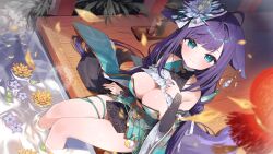 1girl ahoge blue_eyes blurry blush breasts closed_mouth depth_of_field first_stage_production flower glass highres himemiya_honoka_(ichipro) itohana looking_at_viewer makeup official_art purple_flower purple_hair sitting smile soaking_feet solo steam tail tassel virtual_youtuber water wide_sleeves