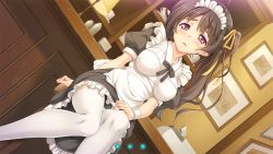 Rule 34 | 1girl, apron, black hair, blush, dutch angle, female focus, game cg, hair ribbon, headdress, indoors, koinosu ichacolize, long hair, maid apron, maid headdress, official art, open mouth, purple eyes, ribbon, short sleeves, solo, takeya masami, wrist cuffs, yoshino ichika
