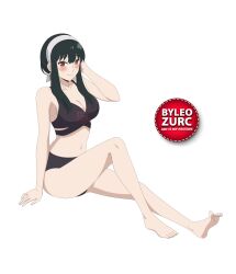 Rule 34 | 1girl, black hair, breasts, feet, leozurcxxx, red eyes, smile, solo, spy x family, swimsuit, transparent background, yor briar