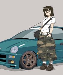 1girl absurdres baggy_pants belt blue_car breasts brown_eyes brown_hair brown_shoes camouflage camouflage_pants car cargo_pants collarbone hand_in_pocket highres honda honda_today medium_breasts motor_vehicle original pants radio_antenna round_eyewear shirt shoes short_hair socks solo vee_(427deer) white_belt white_shirt white_socks