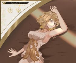 1girl absurdres aglaea_(honkai:_star_rail) aqua_eyes arm_up armpits bare_arms bare_shoulders blonde_hair breasts commentary dress highres honkai:_star_rail honkai_(series) looking_at_viewer medium_breasts parted_lips short_hair sleeveless sleeveless_dress solo tink_(tinksouffle) upper_body white_dress