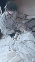 1boy 1girl black_eyes black_hair blush closed_eyes collared_shirt constantine_xi_(fate) doyamemo_f fate/grand_order fate_(series) grey_hair hair_between_eyes hetero highres indoors johanna_(fate) long_hair lying on_bed on_side shirt sitting smile under_covers white_shirt