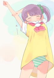 Rule 34 | 1girl, arms up, blunt bangs, closed eyes, closed mouth, cowboy shot, dress, from below, green panties, green scrunchie, hair ornament, hair scrunchie, highres, hyakumangoku masurao, manaka non, manaka non (normal), neckerchief, panties, pantyshot, paprika private academy school uniform, pink neckerchief, pretty series, pripara, purple hair, school uniform, scrunchie, short hair, short sleeves, side ponytail, solo, standing, stretching, striped clothes, striped panties, translated, underwear, upskirt, yellow dress