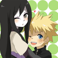 Rule 34 | :o, artemis-girl, black hair, blonde hair, blue eyes, blush stickers, dotted background, eyebrows through hair, eyeliner, facial mark, fangs, hair between eyes, heart, height difference, jacket, layered sleeves, long hair, long sleeves, looking at viewer, makeup, multicolored jacket, multiple boys, naruto (series), naruto shippuuden, one eye closed, orochimaru (naruto), pale skin, patterned background, short hair, short over long sleeves, short sleeves, side hug, slit pupils, spiked hair, uzumaki naruto, wink, yellow eyes