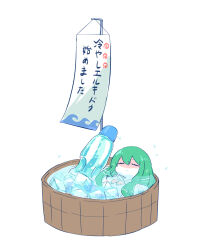 Rule 34 | 1other, bath, chibi, closed eyes, commentary request, enkidu (fate), fate/strange fake, fate (series), green hair, himeko (nico6v6pachi), ice, ice cube, long hair, other focus, partially submerged, ramune, solo, translation request