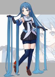 Rule 34 | 1girl, absurdly long hair, bike shorts under skirt, black gloves, black serafuku, black skirt, blonde hair, blue eyes, blue hair, blue shorts, blue thighhighs, brown footwear, dolphins3ino, elbow gloves, gloves, gradient hair, highres, kantai collection, loafers, long hair, miniskirt, multicolored hair, original remodel (kantai collection), pleated skirt, samidare (kancolle), school uniform, serafuku, shoes, shorts, skirt, sleeveless, thighhighs, very long hair, zoom layer
