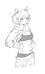 1girl absurdres bandaged_arm bandages blush boyshort_panties breasts cleavage clothes_lift double_bun genderswap genderswap_(mtf) grey_sports_bra greyscale hair_bun hand_on_own_stomach highres hood hood_down hoodie jujutsu_kaisen kashimo_hajime kimdiki large_breasts midriff monochrome mouth_hold navel pants shirt shirt_lift short_hair sidelocks simple_background solo sports_bra venus_symbol white_background white_hoodie white_pants white_shirt
