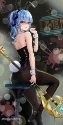 1girl :d absurdres animal_ear_hairband animal_ears bare_shoulders black_leotard black_shoes blood bloody_weapon blue_eyes blue_hair blue_nails blue_ribbon commentary detached_collar double-parted_bangs eyes_in_shadow fake_animal_ears fake_tail hair_between_eyes hair_ribbon hairband halberd hand_up high_heels highres holding holding_polearm holding_weapon hololive hoshimachi_suisei leotard looking_at_viewer looking_back medium_hair nail_polish on_stool open_mouth pantyhose parted_lips playboy_bunny polearm rabbit_ear_hairband rabbit_ears rabbit_tail ribbon shaded_face shoes side_ponytail sidelocks sitting smile solo star_(symbol) star_in_eye strapless strapless_leotard symbol_in_eye tail variant_set virtual_youtuber wajuniorbox weapon wrist_cuffs