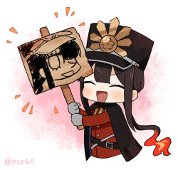 1boy :d belt black_belt black_cape black_hair black_hat blush cape center-flap_bangs chibi chibi_only closed_eyes crest cropped_torso drawing_(object) eyelashes family_crest fate/grand_order fate_(series) fiery_hair gloves grey_gloves hair_over_one_eye halftone halftone_background happy hat holding holding_sign jacket keikenchi_(style) kepi long_hair long_sleeves looking_at_viewer low_ponytail military_hat military_jacket military_uniform no_nose notice_lines oda_nobukatsu_(fate) oda_nobunaga_(fate) oda_nobunaga_(koha-ace) oda_uri open_mouth pointy_nose ponytail red_jacket sidelocks sign smile solo twitter v-shaped_eyebrows very_long_hair white_background yzrh0