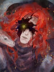 Rule 34 | 1boy, animal, commentary, curtained hair, elden ring, elden ring: shadow of the erdtree, hashtag-only commentary, highres, laozjiujiaolaoz, long hair, male focus, messmer the impaler, parted lips, red hair, shawl, slit pupils, snake, solo, upper body, white snake