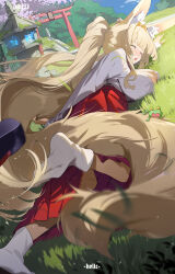 1girl absurdres animal_ear_fluff animal_ears blonde_hair blue_fire blue_sky breasts cherry_blossoms closed_eyes day fallen_down fire fox_ears fox_girl fox_girl_miko_(7317helic) fox_tail frog hair_intakes hakama helic_(7317helic) highres japanese_clothes kosode large_breasts long_hair long_sleeves lying miko on_grass on_stomach open_mouth original outdoors red_hakama signature sky socks solo stone_lantern sweatdrop tail torii very_long_hair white_sleeves white_socks wide_sleeves