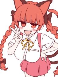 1girl :d animal_ears black_bow blunt_bangs bow braid breasts buttons cat_ears cat_girl cat_tail collared_shirt cowboy_shot extra_ears fang hair_bow kaenbyou_rin ketsumaimo large_breasts long_hair looking_at_viewer multiple_tails neck_ribbon open_mouth pink_skirt pointy_ears red_eyes red_hair ribbon shirt short_sleeves simple_background skirt smile solo suspender_skirt suspenders tail touhou twin_braids two_tails v white_background white_shirt yellow_ribbon