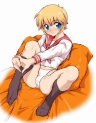 00s 1girl blonde_hair blue_eyes blush ez6 female_focus highleg highleg_panties kneehighs lucky_star no_pants no_shoes own_hands_clasped own_hands_together panties patricia_martin pillow school_uniform serafuku short_hair smile socks solo spread_legs underwear