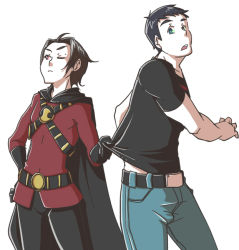 2boys batman_(series) belt black_hair cape dc_comics denim emblem gloves jeans ladama male_focus multiple_boys pants red_robin s_shield shirt superboy superman_(series) t-shirt tim_drake young_justice