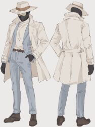 1boy 25teibewa alternate_costume belt black_gloves brown_belt cypher_(valorant) gloves hat highres mask pants shirt shoes solo solo_focus turtleneck valorant white_hat