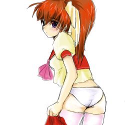 1girl ass blush brown_hair female_focus hair_ribbon long_hair looking_back mitsurugi_ryouko mono_(tatti) panties pink_thighhighs ponytail purple_eyes real_bout_high_school ribbon school_uniform serafuku skirt solo thighhighs underwear undressing unworn_skirt white_panties