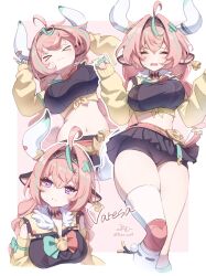&gt;_&lt; 1girl ahoge animal_ears bike_shorts_under_skirt braid breasts character_name cow_ears cow_horns ear_bell genshin_impact hairband highres horns large_breasts long_hair midriff miniskirt navel pink_hair pumu_(pumu_co29) purple_eyes signature single_thighhigh skirt thighhighs twin_braids varesa_(genshin_impact)