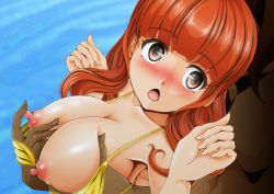 10s 1boy 1girl absurdres bikini blush breasts brown_eyes girls_und_panzer grabbing_another&#039;s_breast groping head_out_of_frame hetero highres large_breasts looking_at_viewer nanashi_noiji nipples ocean open_mouth orange_hair smile swimsuit takebe_saori yellow_bikini
