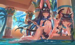 2girls ancient_egyptian ancient_egyptian_clothes animal_ears ankh anubis_(mythology) barefoot bastet_(mythology) bird black_hair blue_sky blush breasts brooch cat_ears cat_tail circlet commentary dark-skinned_female dark_skin day egyptian_mythology english_commentary expressionless fang feet hair_tubes highres jackal_ears jackal_tail jewelry komiya_nigi long_hair looking_at_viewer lying mixed-language_commentary multiple_girls navel on_stomach original pelvic_curtain pool pyramid_(structure) shiny_skin sky small_breasts smile soles sunlight tail the_pose toes usekh_collar very_long_hair water wet yellow_eyes