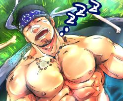Rule 34 | 1boy, abs, bandaid, bandaid on face, bandaid on nose, bara, black hair, commentary request, doro rich, facial hair, goatee stubble, grass, gyee, headband, jewelry, kamui (gyee), large pectorals, lying, male focus, muscular, muscular male, necklace, nipples, on back, open mouth, pectorals, short hair, sleeping, solo, stubble, upper body