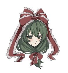 1girl bow front_ponytail green_eyes green_hair hua88331 kagiyama_hina looking_at_viewer portrait red_bow red_ribbon ribbon simple_background solo touhou white_background
