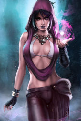 1girl artist_name asymmetrical_clothes bikini bikini_top_only black_hair black_lips bracelet breasts breasts_apart dandon_fuga dragon_age eyeshadow female_focus fingerless_gloves gloves jewelry lipstick looking_at_viewer magic makeup medium_breasts morrigan_(dragon_age) nail_polish navel necklace pants short_hair single_fingerless_glove single_glove smile solo standing swimsuit tight_clothes tight_pants white_bikini yellow_eyes