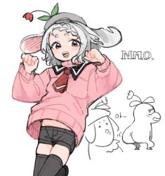 1girl ass beret black_thighhighs cardigan floppy_ears flower flower_on_head hat highres indie_virtual_youtuber midriff_peek mksk_69 nomeazog_(vtuber) sharp_teeth shorts simple_background sweater teeth thighhighs white_background white_hair zettai_ryouiki