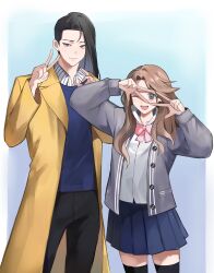 1boy 1girl absurdres black_hair black_pants black_thighhighs blue_shirt bow brown_eyes brown_hair coat grey_jacket highres jacket kasuga_kaya long_hair looking_at_viewer lookism pants pink_bow shirt simple_background skirt standing thighhighs v vivi_(lookism) white_shirt xiaolong_(lookism) yellow_coat zettai_ryouiki
