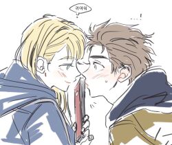 ! ...! 1boy 1girl animification blonde_hair blue_eyes blush book brown_eyes brown_hair brown_jacket closed_mouth commentary fingernails grey_hoodie gwen_stacy hand_up hetero holding holding_book hood hooded_jacket hoodie jacket korean_text long_hair long_sleeves looking_at_another marvel notice_lines peter_parker short_hair simple_background skdlfjgrp smile speech_bubble spider-man_(series) sweatdrop symbol-only_commentary the_amazing_spider-man thought_bubble translation_request upper_body white_background