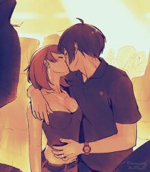 Rule 34 | 1boy, 1girl, 2025, ahoge, arm around shoulder, bare shoulders, belt, belt buckle, blush, breasts, brown hair, buckle, cleavage, closed eyes, collarbone, commentary, couple, crop top, crowd, earrings, english commentary, facing another, hand on another&#039;s stomach, hetero, jewelry, kiss, medium breasts, midriff, mole, mole on breast, paaaatchieee, people, persona, persona 3, ring, sepia, shirt, short hair, short sleeves, signature, takeba yukari, upper body, watch, wristwatch, yuuki makoto (persona 3)