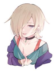 Rule 34 | 1girl, :p, black choker, blonde hair, blush, breasts, choker, cleavage, clothes pull, collarbone, commentary request, cropped torso, ear piercing, green shirt, hair over one eye, highres, jacket, looking at viewer, love live!, love live! nijigasaki high school idol club, medium breasts, mia taylor, notyu maru, one eye covered, piercing, pulling own clothes, purple eyes, purple jacket, shirt, shirt pull, short hair, sidelocks, solo, tongue, tongue out, white background