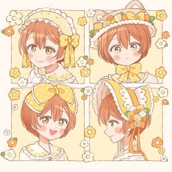 Rule 34 | 1girl, blush, bonnet, bow, closed mouth, eeppa, flower symbol, hair bow, hat, headdress, highres, hoshizora rin, lips, looking at viewer, love live!, love live! school idol project, multiple views, open mouth, orange hair, polka dot, polka dot bow, short hair, smile, yellow bow, yellow eyes