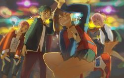 2boys 2girls adjusting_eyewear arm_up ayase_momo bare_legs black_hair brown_hair brown_pants commentary dandadan english_commentary enjoji_jin facing_viewer feet_out_of_frame glasses grin highres index_finger_raised jacket legs long_sleeves looking_at_viewer melia_art miniskirt multiple_boys multiple_girls open_clothes open_jacket open_mouth pants pink_hair red_hair red_jacket round_eyewear shiratori_aira_(dandadan) shirt short_hair skirt smile sparkle squatting standing takakura_ken_(dandadan) white_shirt