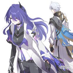 Rule 34 | 1boy, 1girl, absurdres, acheron (honkai: star rail), adapted costume, armor, asiri senpai, black choker, black gloves, black pants, black shirt, blue eyes, breasts, chain, chain around arm, choker, closed mouth, coat, commentary, fingerless gloves, gloves, hair between eyes, hair ornament, highres, honkai: star rail, honkai (series), long hair, looking at another, medium breasts, multicolored hair, pants, phainon (honkai: star rail), purple eyes, purple hair, shirt, shoulder armor, simple background, streaked hair, twitter username, white background, white coat, white hair