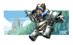 1girl aged_down ahoge ana_(overwatch) beret brown_hair captain_amari commentary dark-skinned_female dark_skin eichenwalde facial_tattoo grin hat huge_ahoge lagann long_hair mecha mechanization overwatch overwatch_(logo) overwatch_1 parody piloting reinhardt_(overwatch) robot smile tattoo tengen_toppa_gurren_lagann tim_yan
