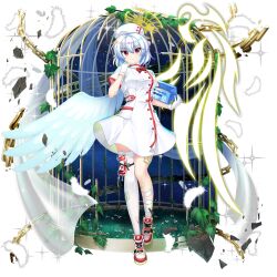 1girl alternate_costume angel_wings bandaged_leg bandages bandaid bandaid_on_leg birdcage blood blood_bag bow bowtie breasts cage closed_mouth dress falling_feathers feathered_wings feathers game_cg gloves grey_hair halo hat highres kishin_sagume looking_at_viewer mask mask_pull medium_hair mouth_mask nurse nurse_cap official_art red_bow red_bowtie red_eyes red_shoes rotte_(1109) shoes short_sleeves single_thighhigh single_wing sneakers solo thighhighs third-party_source touhou touhou_lostword translation_request transparent_background white_dress white_feathers white_gloves white_hat white_thighhighs white_wings wings