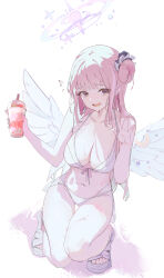 Rule 34 | 1girl, absurdres, alternate costume, bare arms, bare shoulders, bikini, blue archive, blush, breasts, cleavage, drink, feathered wings, flower, hair bun, hair ornament, hair scrunchie, halo, highres, holding, holding drink, large breasts, looking at viewer, mika (blue archive), navel, open mouth, pink hair, pink halo, purple flower, purple sandals, sandals, scrunchie, single side bun, solo, squatting, stomach, swimsuit, white bikini, white scrunchie, wings, wturnip, yellow eyes