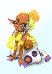 1girl all_fours ass belt belt_charm blonde_hair blue_hair breasts butt_crack charm_(object) clothing_cutout colored_eyelashes colored_tongue cropped_sweater dark-skinned_female dark_skin earrings fangs frye_(deep_cut_outfit)_(splatoon) frye_(splatoon) gradient_hair harem_pants head_tilt highres inkling jewelry koharu2.5 looking_at_viewer medium_breasts multicolored_hair multiple_piercings navel nintendo open_mouth pants pointy_ears polka_dot polka_dot_hair purple_tongue shawl simple_background sleeveless sleeveless_turtleneck smile solo splatoon_(series) star-shaped_pupils star_(symbol) symbol-shaped_pupils tentacle_hair thick_eyebrows toeless_footwear tooth_earrings turtleneck white_background yellow_eyes yellow_pupils yellow_shawl
