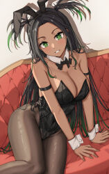 1girl absurdres animal_ear_hairband animal_ears black_bow black_bowtie black_hair black_leotard black_pantyhose bow bowtie breasts cleavage commission cowboy_shot dark-skinned_female dark_skin detached_collar fake_animal_ears green_eyes hairband highres large_breasts leotard mimma_ring_(nobuyueli) original pantyhose parted_lips pixiv_commission playboy_bunny rabbit_ears smile solo strapless strapless_leotard two_side_up wrist_cuffs