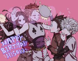 4boys black_eyes black_hair bracelet child crop_top earrings facial_mark food gon_freecss hair_slicked_back happy_birthday highres hisoka_morow hunter_x_hunter illumi_zoldyck imminent_attack jewelry killua_zoldyck kurotani_(alien_cat25) layered_sleeves long_hair long_sleeves male_focus multiple_boys nen_(hunter_x_hunter) pie pink_background pink_theme red_hair short_hair short_over_long_sleeves short_sleeves sleeveless smile star_(symbol) star_facial_mark teardrop_facial_mark throwing throwing_food throwing_pie white_hair yellow_eyes