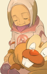 Rule 34 | 1girl, bidoof, bracelet, calaba (pokemon), closed eyes, closed mouth, commentary request, gen 4 pokemon, grey background, grey hair, highres, jacket, jewelry, logo, long sleeves, nintendo, old, old woman, pantyhose, pearl clan outfit, pokemon, pokemon (creature), pokemon legends: arceus, sasami 642, short hair, sitting, skirt, smile
