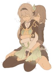 2girls artist_name black_bow black_coat black_gloves black_hairband black_jacket black_skirt black_thighhighs blush bow closed_eyes closed_mouth coat commentary dress fingering fingerless_gloves firefly_(honkai:_star_rail) gloves gold_ring green_dress grey_hair hair_between_eyes hair_bow hair_ornament hairband honkai:_star_rail honkai_(series) hug hug_from_behind jacket korshokor leaf_hair_ornament long_hair long_sleeves looking_at_another multiple_girls neckerchief open_clothes open_coat open_mouth puffy_long_sleeves puffy_sleeves sailor_collar simple_background sitting skirt stelle_(honkai:_star_rail) sweat sweatdrop symbol-only_commentary thighhighs trailblazer_(honkai:_star_rail) trembling two-tone_dress vaginal white_background white_dress yellow_eyes yellow_neckerchief yuri
