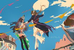 2girls absurdres black_hair blue_sky boat boots brown_hair building cloud coat dress english_text frills full_body hat highres holding holding_hands holding_umbrella isolde_(and_all_that_jazz)_(reverse:1999) isolde_(reverse:1999) kakania_(reverse:1999) kakania_(seminars_on_serenity)_(reverse:1999) multiple_girls pants purple_coat rebels02091 reverse:1999 round_eyewear sky thigh_boots umbrella watercraft white_dress white_hat white_pants yuri