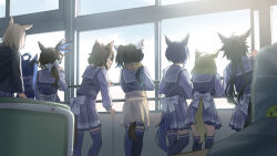 Rule 34 | 6+girls, absurdres, air messiah (umamusume), air shakur (umamusume), animal ears, bag, black hair, blonde hair, blue hair, bow, brown hair, cesario (umamusume), chair, clothes around waist, clothing cutout, daitaku helios (umamusume), ear covers, ear ornament, feet out of frame, from behind, fuyukayui, high ponytail, highres, horse ears, horse girl, horse tail, indoors, long hair, long sleeves, low ponytail, mejiro palmer (umamusume), multicolored hair, multiple girls, narita top road (umamusume), ponytail, purple shirt, purple skirt, purple thighhighs, railing, sailor collar, scarf, school bag, school uniform, shirt, short hair, skirt, sounds of earth (umamusume), standing, streaked hair, tail, tail through clothes, thighhighs, tracen school uniform, twin turbo (umamusume), umamusume, white bow, window