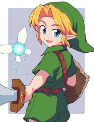 1boy :d belt blonde_hair blouse blue_eyes brown_belt commentary_request cowboy_shot deku_shield fairy foreshortening from_behind from_side green_hat green_shirt green_shorts grey_background hair_intakes happy hat highres holding holding_shield holding_sword holding_weapon kokiri_sword link looking_at_viewer looking_back male_focus navi nintendo open_mouth parted_bangs pointy_ears ponytail shield shirt short_ponytail short_sleeves shorts sidelocks smile standing sword the_legend_of_zelda the_legend_of_zelda:_ocarina_of_time tunic weapon wing_collar wooden_shield yokoyoko_(nazonazo) young_link